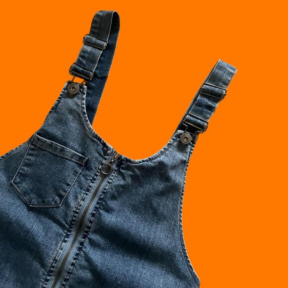 00's vintage stretch denim y2k overall bodycon mini dress MEDIUM rue 21 - Picture 2 of 6